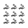 Human hand and money dropping coins. Savings and payment concept vector icons.