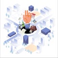 Human hand with office element in big hole on the center of big city. busy man or hard working. isometric style - vector