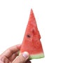 Human hand and one sliced red watermelon on white background with clipping path