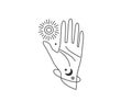 Human hand open in stop gesture reach out to sun, moon and star. Galaxy planet space concept design. Vector illustration