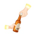 Human Hand Opening Glass Beer Bottle Vector Illustration