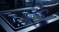Hand operating a futuristic digital control panel with glowing blue interface displaying real-time data. Royalty Free Stock Photo