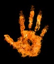 Human hand in orange flame on black