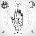 Human hand painted with magic symbols. Alchemical circle of transformations.
