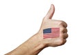 Human hand with thumb up gesture and USA flag