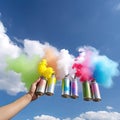 Human hand painting clouds in rainbow colors using spraying jar. Cloudy sky background on sunny day. AI generative art