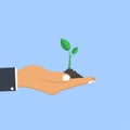 Human hand palm holds plant. Concept of planting sapling. Vector.