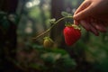Human hand picking a low hanging perfect strawberry from a tree. Generative AI Royalty Free Stock Photo