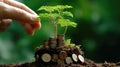 Human hand and plant growing on coin stack over green blurred background. Business finance strategy, money earning and Royalty Free Stock Photo