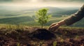 Human hand planting seedling on the ground in a clear morning. Generative Ai