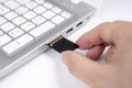 Human hand plugging in an SD media card into the personal laptop computer on white background. Royalty Free Stock Photo