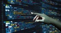Human hand pointing at the abstract Modern tech of Programming code screen developer Royalty Free Stock Photo