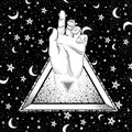 Human hand pointing on something inside pyramid symbol. Night sky seamless background. Trendy Galaxy vector art. Hand-drawn ink.