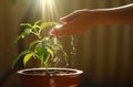 human hand pouring water into a potted plant