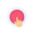 Human hand press on huge circle red button vector flat illustration. Person finger turn off and on Royalty Free Stock Photo