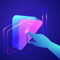 Human hand press play button. Video, music media player interface. Vector neon gradients 3d isometric illustration Royalty Free Stock Photo