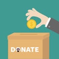 Human hand putting golden coin money with dollar sign into donation paper cardboard box. Helping hands concept. Donate and help