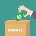 Human hand putting golden coin money with dollar sign into donation paper cardboard box. Helping hands concept. Donate text. Flat