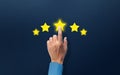 Human hand Rating five star review. Customer satisfaction and satisfied Shopper Positive Feedback. Customer Service