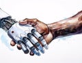 A human hand reaches out to grasp a robotic hand, creating a poignant image of human-AI interaction