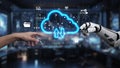 Futuristic Interaction Between Human Hand and Robotic Arm with Cloud Computing Icons in a Tech-Focused Environment Royalty Free Stock Photo