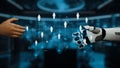 Human Hand Reaching Out to Robotic Hand with Digital Network Visualizations in Background Representing Connection and Royalty Free Stock Photo