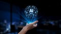 Hand Reaching Out to Innovative Artificial Intelligence Concept with Brain Symbol and Light Effects, Modern Office Royalty Free Stock Photo