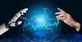 A Human Hand Reaching Out to a Robotic Hand Above a Digital Graph Representing Financial Data and Trends in a Modern Royalty Free Stock Photo