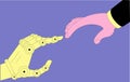 A human hand reaching out to a robotic arm. Vector concept illustration. Royalty Free Stock Photo