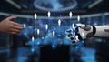 Human Hand Reaching Out to Robotic Hand with Digital Network Visualizations in Background Representing Connection and Royalty Free Stock Photo