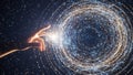 Human hand reaching out to touch a glowing interconnected network of digital data points and lines in space Royalty Free Stock Photo