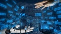 Human Hand Reaching Towards Robotic Hand Surrounded by Digital Data and Graphs in Modern Futuristic Background Royalty Free Stock Photo