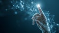 Human hand interacting with glowing digital network of nodes and lines, artificial intelligence and connectivity concept. Royalty Free Stock Photo