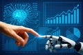 Human hand and robot finger connect with AI brain and financial data visualizations artificial intelligence Royalty Free Stock Photo
