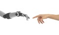 Human hand and robot`s hand pointing to each other isolated