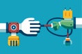 Human hand and robotic hand connect a socket and plug in a modern technology demonstration of collaboration between humans and Royalty Free Stock Photo