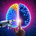 Human Hand And Robotic Hand Touching Brain. Machine Learning, Ai knowledge Science and artificial intelligence technology