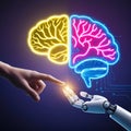 Human Hand And Robotic Hand Touching Brain. Machine Learning, Ai knowledge Science and artificial intelligence technology