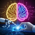 Human Hand And Robotic Hand Touching Brain. Machine Learning, Ai knowledge Science and artificial intelligence technology