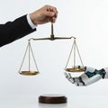 Scales of justice held by human and robot hand isolated on white background. concept for legal, ethical, and technological use Royalty Free Stock Photo