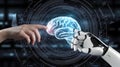 A human hand and a robotic hand reach toward a glowing blue brain, surrounded by a dark circular interface with digital markings. Royalty Free Stock Photo