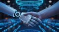 Human and Robot Shake Hands in Futuristic Digital Network Royalty Free Stock Photo