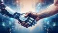 A human hand and a robotic hand are shaking, symbolizing the collaboration between humans and technology. The background features Royalty Free Stock Photo