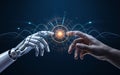Human and robot hands connecting through futuristic technology. Royalty Free Stock Photo