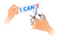 Human hand with a scissors cuts a phrase I CAN`T Royalty Free Stock Photo