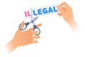 Human hand with a scissors cuts a phrase ILLEGAL Royalty Free Stock Photo