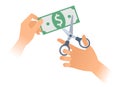 Human hand with scissors cuts up paper american dollar. Royalty Free Stock Photo