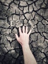 A human hand searching for water in a dried up river bed