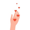 Human hand sends heart love, congratulate, support, good feedback, thanks. Woman hands give hearts like. Concept of