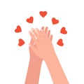 Human hand sends heart love, congratulate, support, good feedback, thanks. Woman hands give hearts like. Concept of